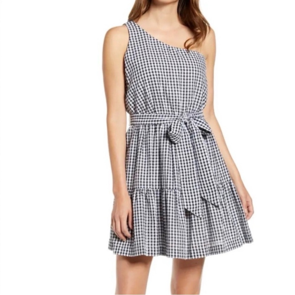 Vineyard Vines Black and White Gingham One-Shoulder Dress
